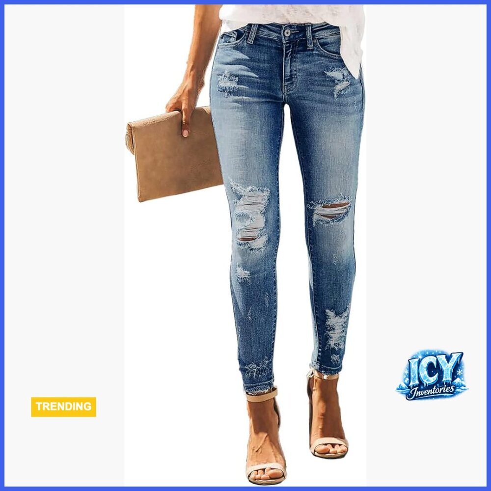 High-Waisted Boyfriend Skinny Jeans Ripped Distressed Stretchy Denim